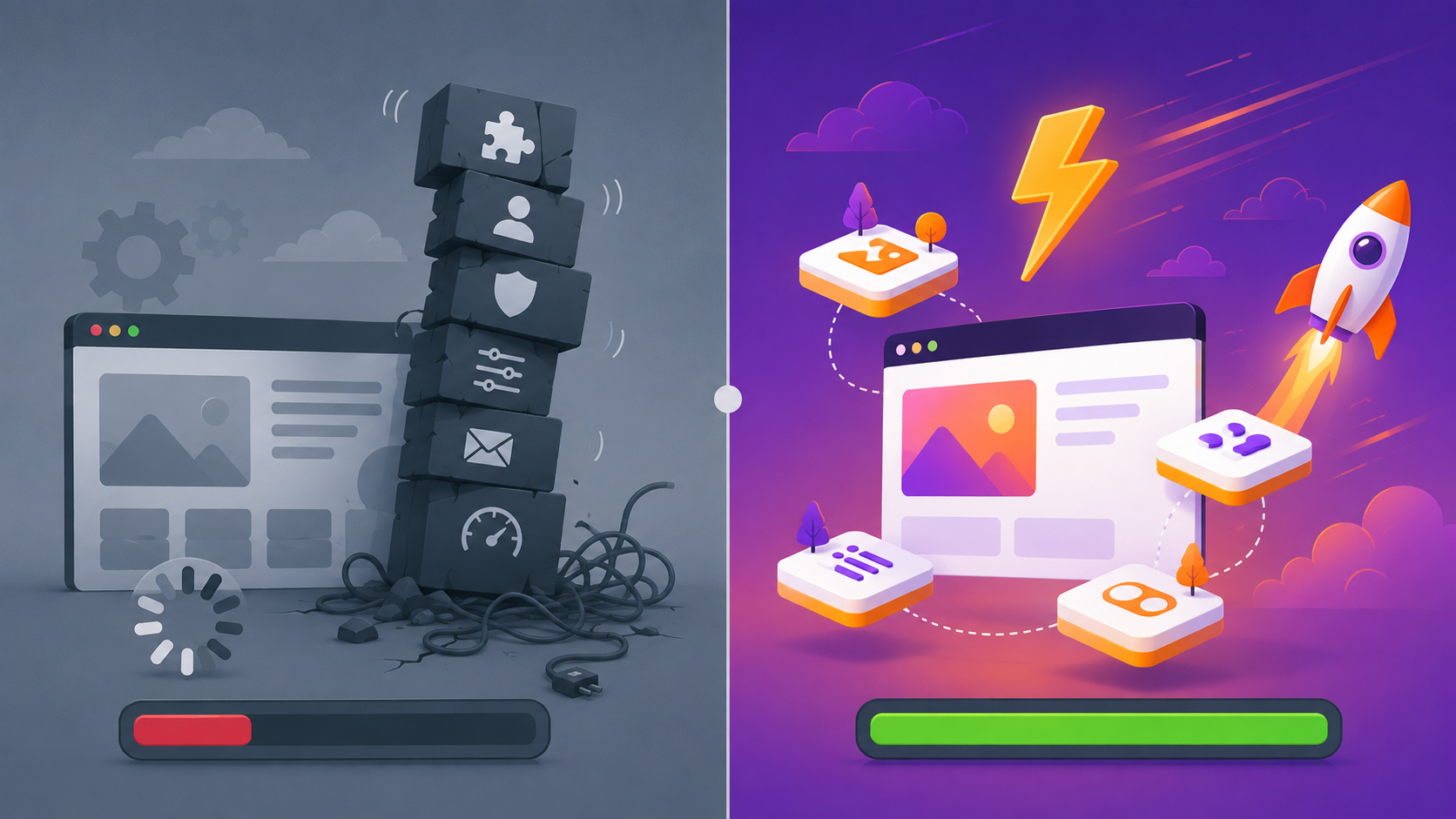 Two philosophies: WordPress bundles everything into one heavy, plugin-laden stack; Astro builds a lean, fast site from small islands.
