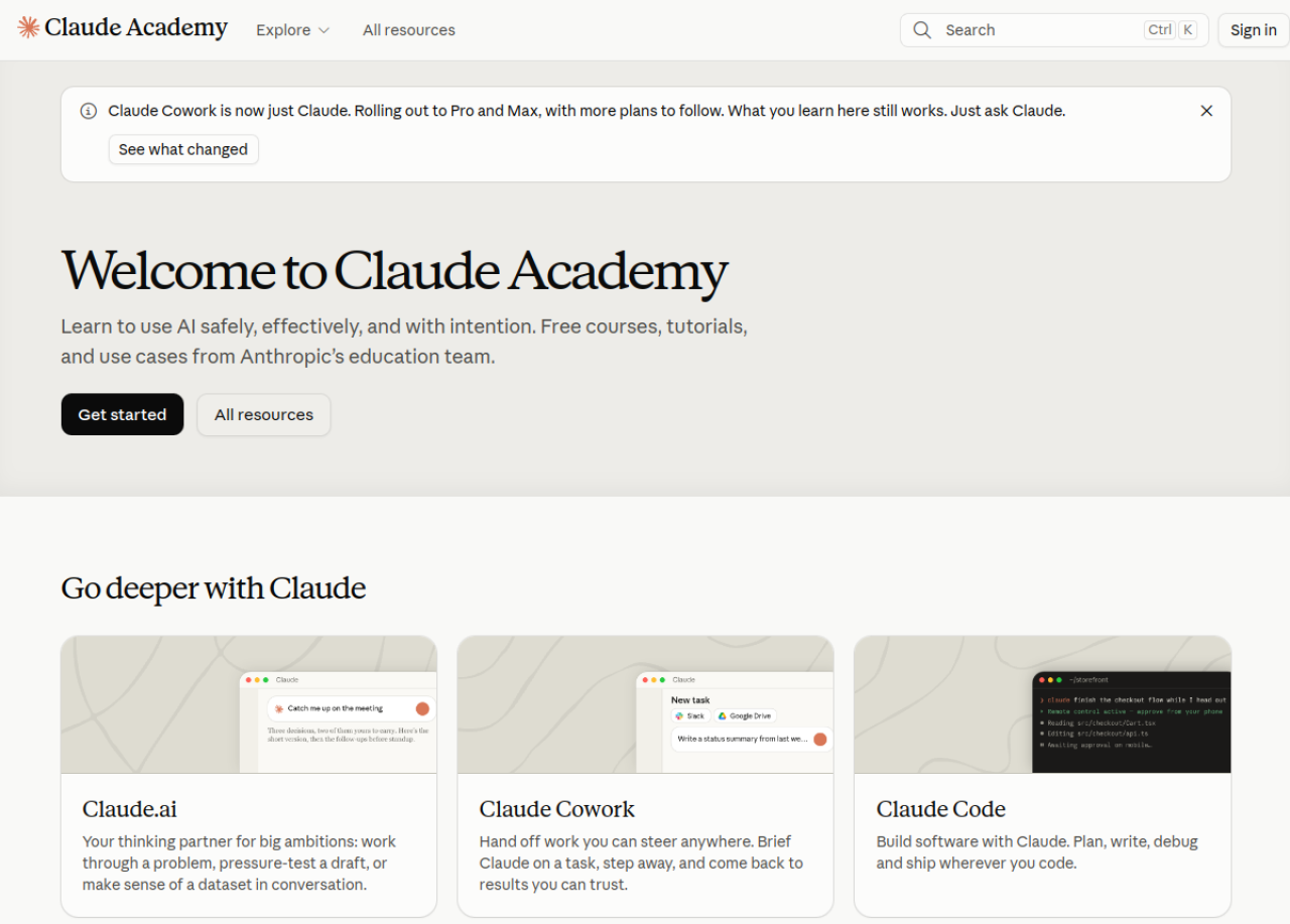 The real Claude Academy homepage — "Learn to use AI safely, effectively, and with intention. Free courses, tutorials, and use cases from Anthropic's education team."