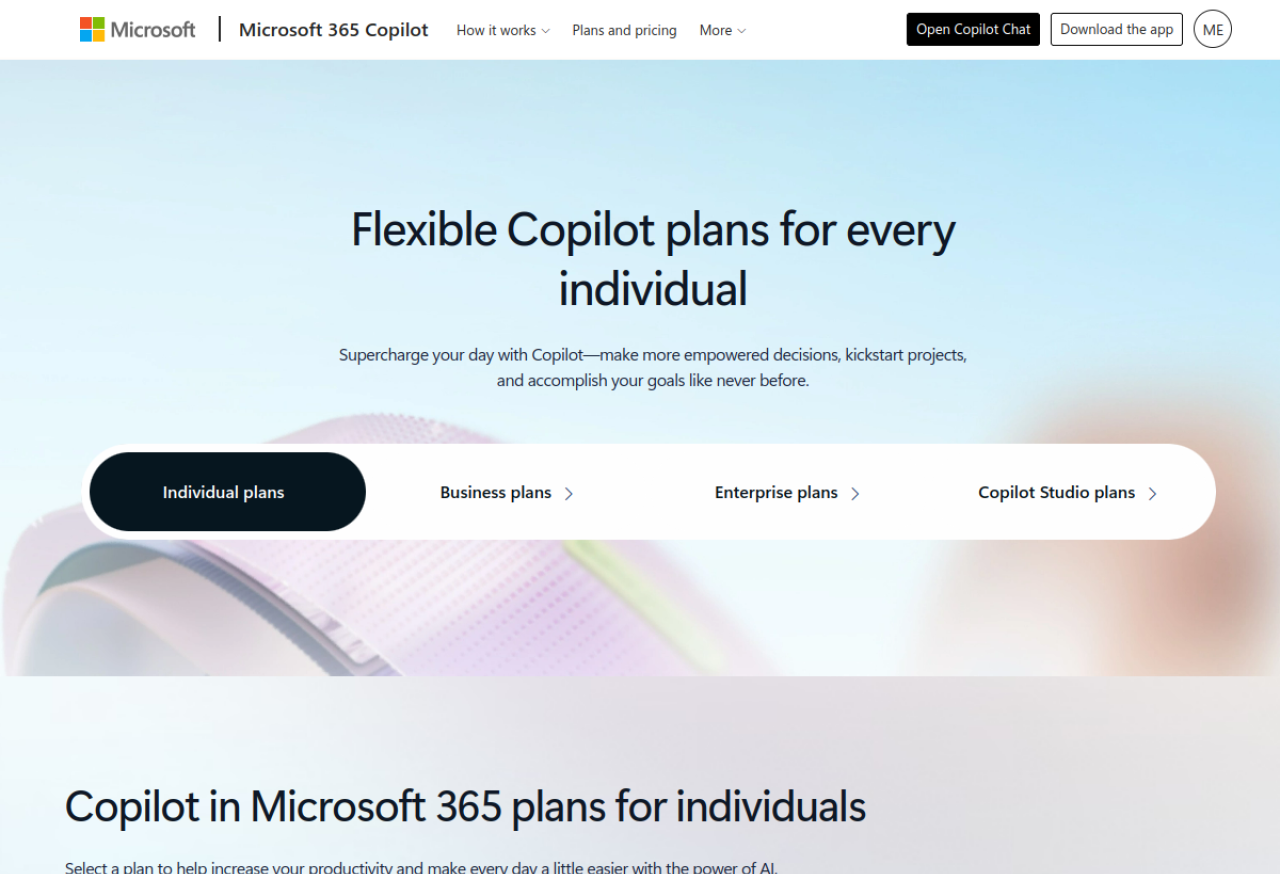 Microsoft's Copilot plans, from the free chat assistant up to Copilot Pro and Microsoft 365 Copilot — pick the one that fits how you'll use it.