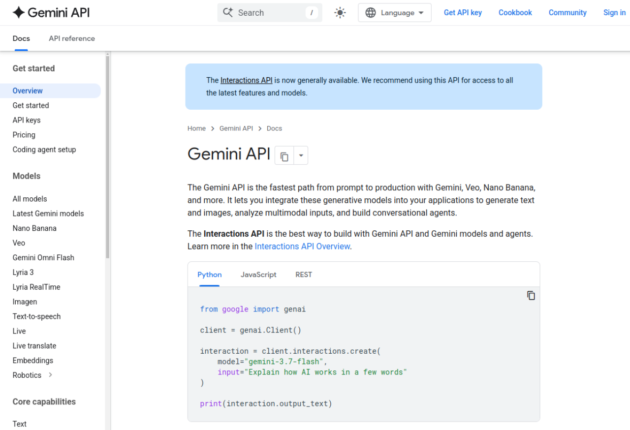The Gemini API docs — multimodal input, a free "Get API key" button, and copy-paste code (Python / JS / REST) for the app version.