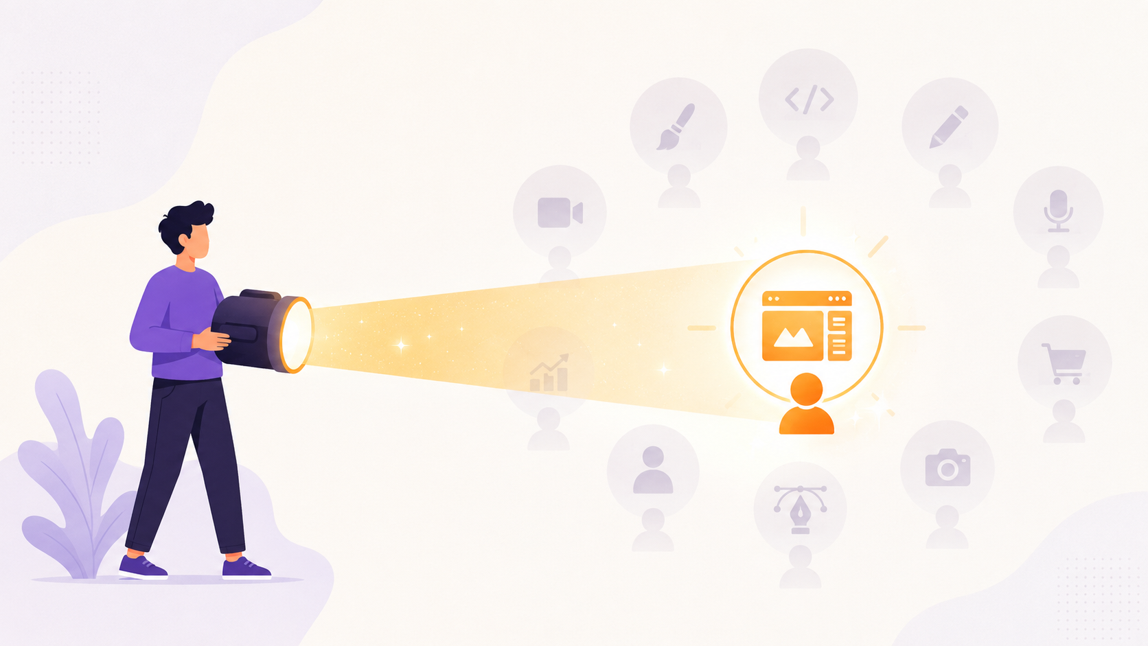A freelancer shining a focused spotlight on one specific service for one specific customer — the core of niching down.