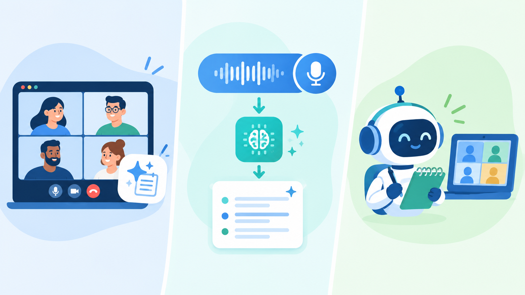 Three real options: live in a Google Meet call, from a recording via an AI app, or with a dedicated AI note-taker that joins the call.