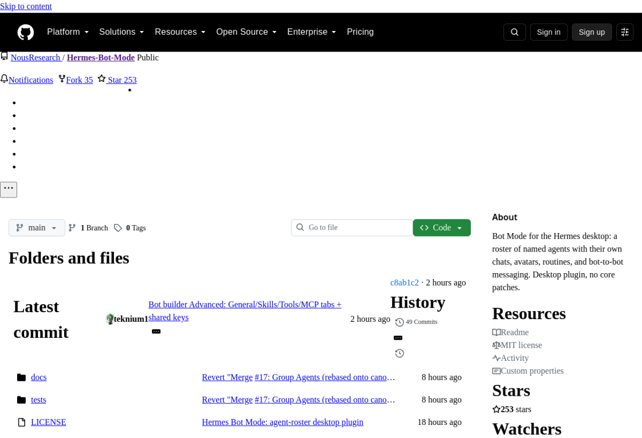 The Hermes-Bot-Mode repo on GitHub: open-source (MIT), described as "a roster of named agents with their own chats, avatars, routines, and bot-to-bot messaging."