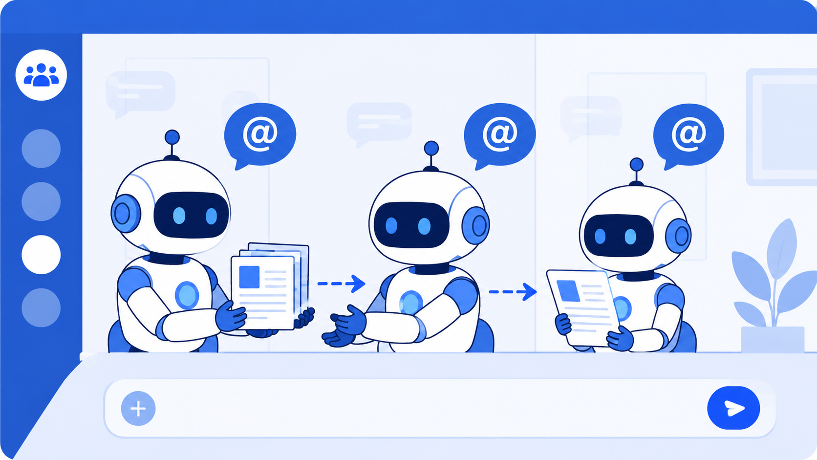How the handoff works: bots pass work to each other with @mentions in a shared room — researcher → writer → editor.