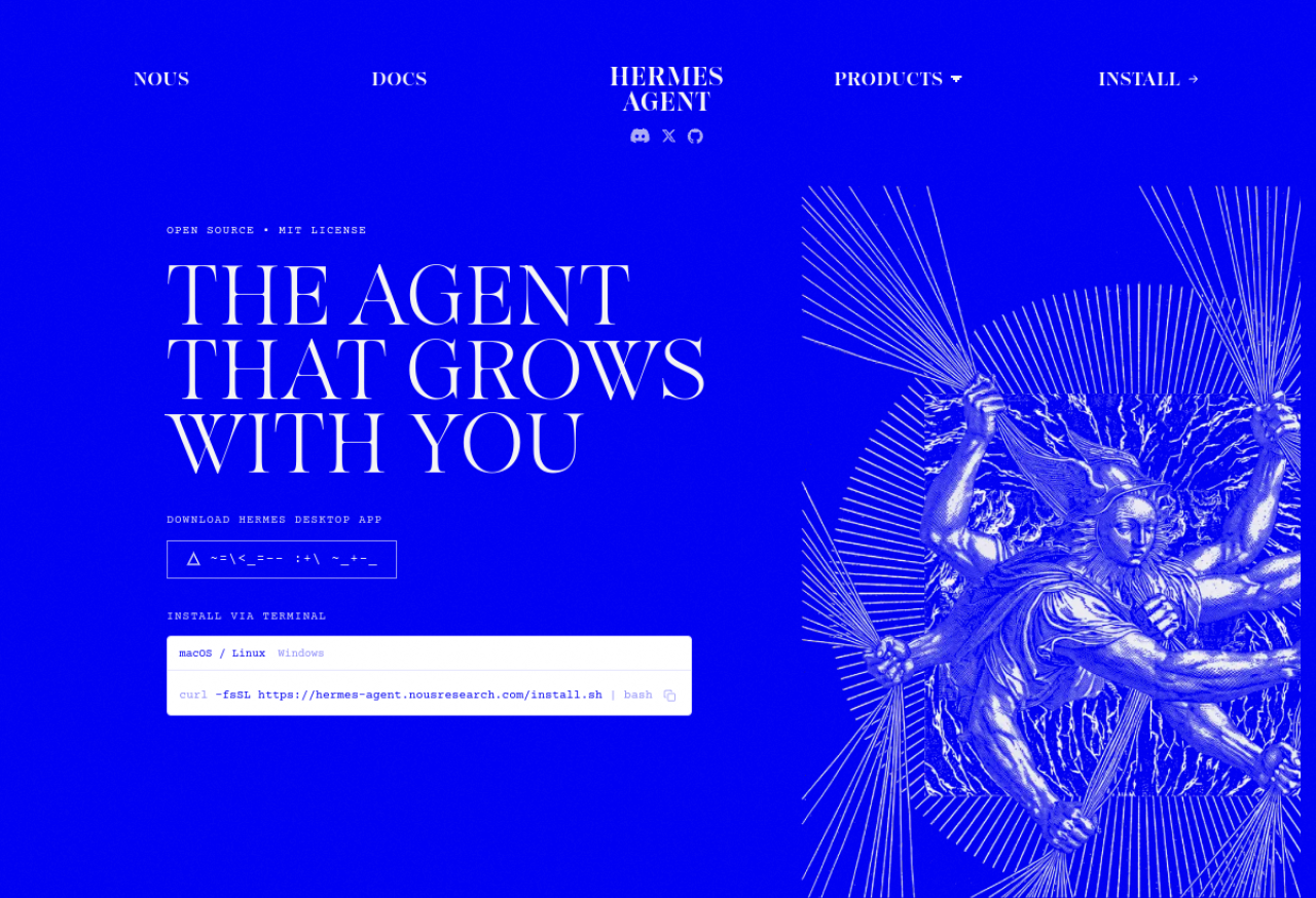 The Hermes Agent desktop app — free, open-source under the MIT license, installable on macOS, Windows, and Linux.