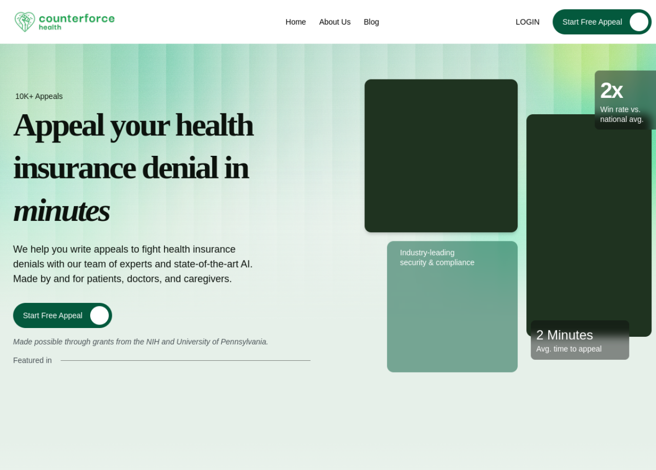 Counterforce Health — a free, AI-assisted tool for appealing health insurance denials, built with NIH and university research support.