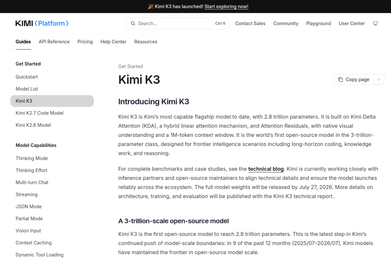 Kimi K3 — Moonshot's open-weight 2.8T model with a 1M-token context window, the runtime behind the reference build.