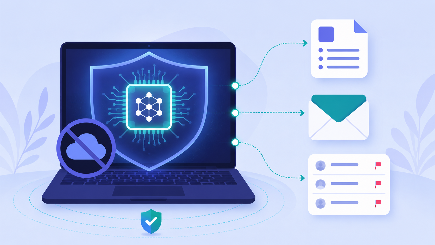 A private, on-device assistant: the model stays on your laptop and quietly summarizes documents, drafts emails, and triages your inbox — nothing goes to the cloud.