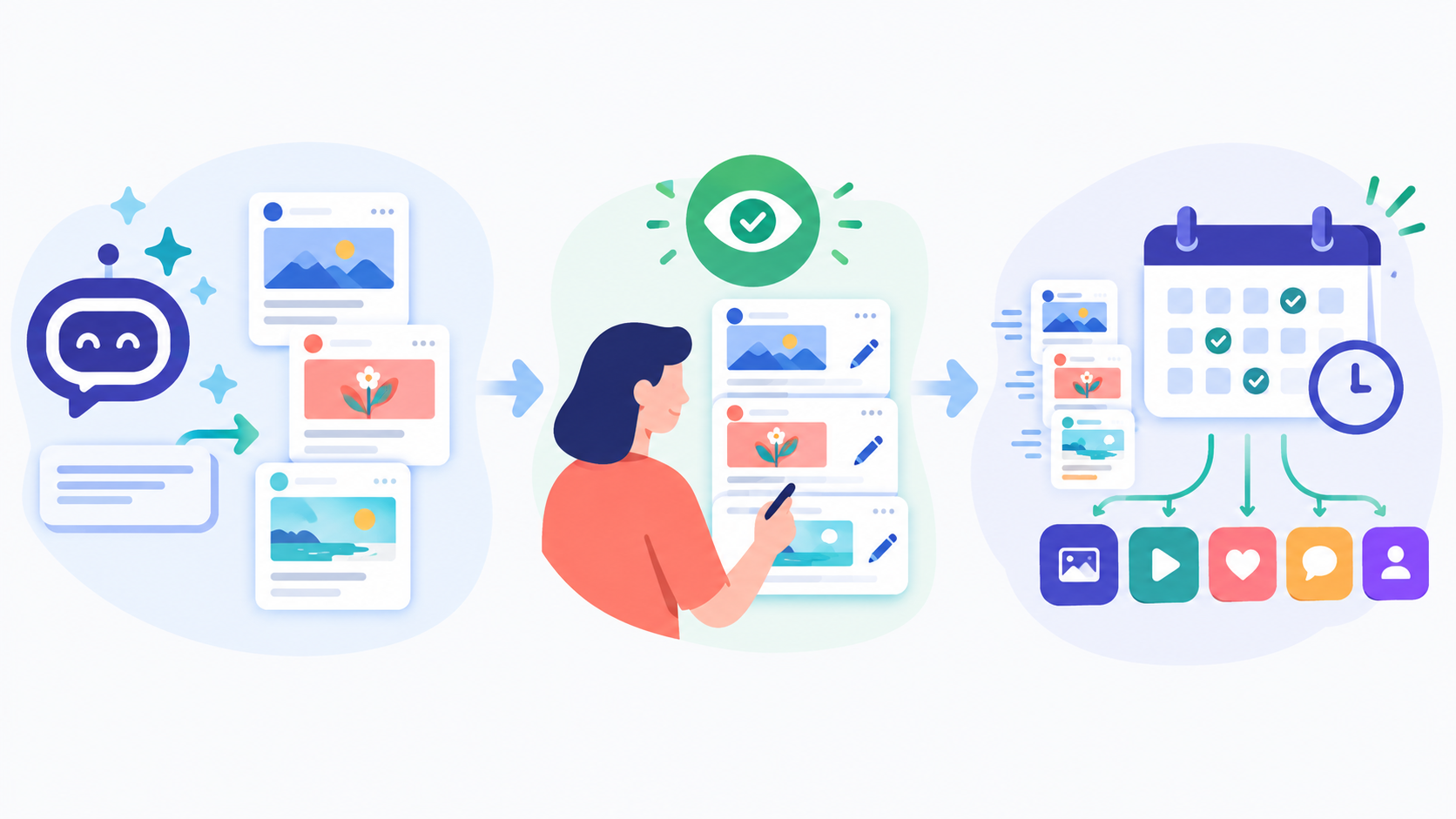 The working pattern: an AI assistant drafts a batch of posts, you review and approve, and a real scheduler auto-publishes them on a calendar.