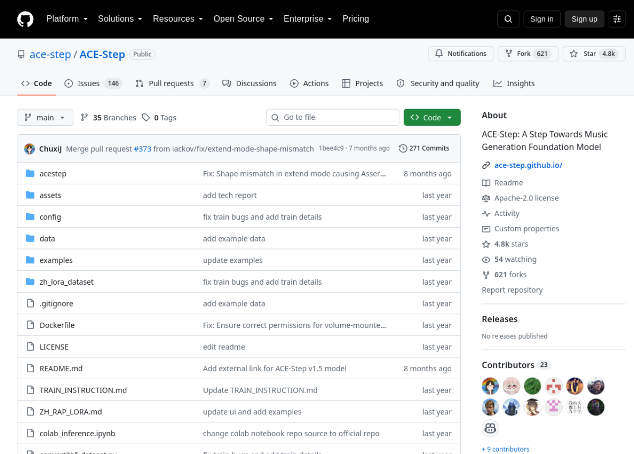 ACE-Step on GitHub — an open, Apache-2.0-licensed music generation foundation model that runs locally, with a Gradio UI, ComfyUI nodes, and LoRA fine-tuning.