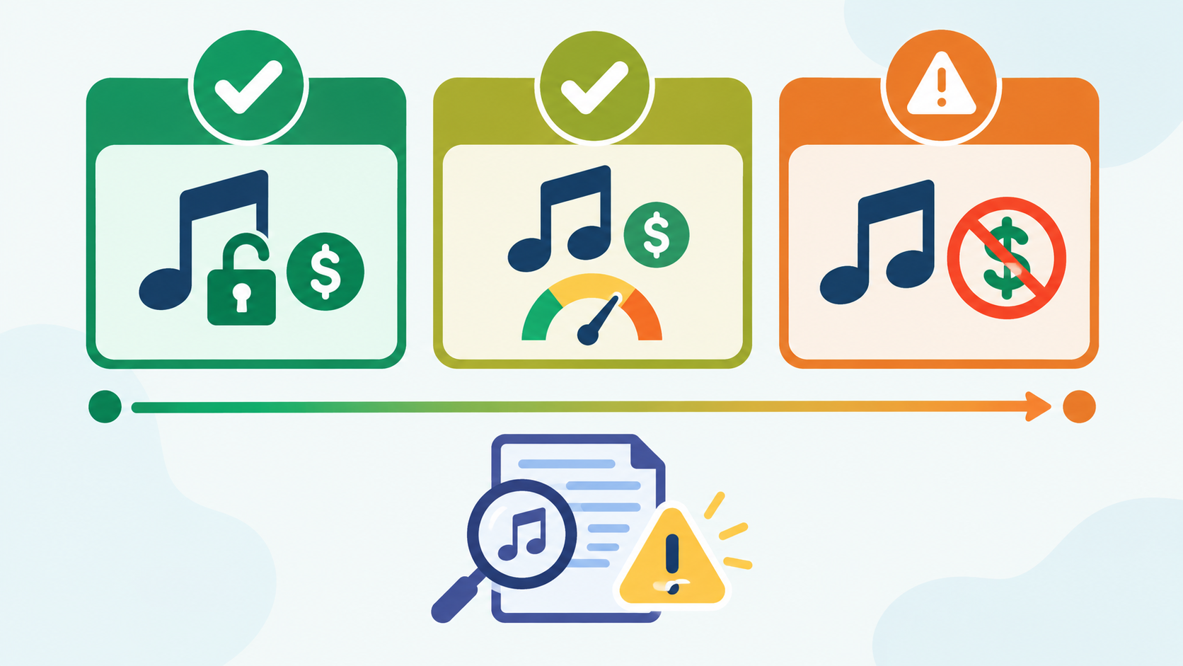 The licensing spectrum: ACE-Step (Apache-2.0, commercial OK), Stable Audio Open (commercial under a revenue cap), MusicGen (non-commercial only) — and a model license is not blanket clearance.
