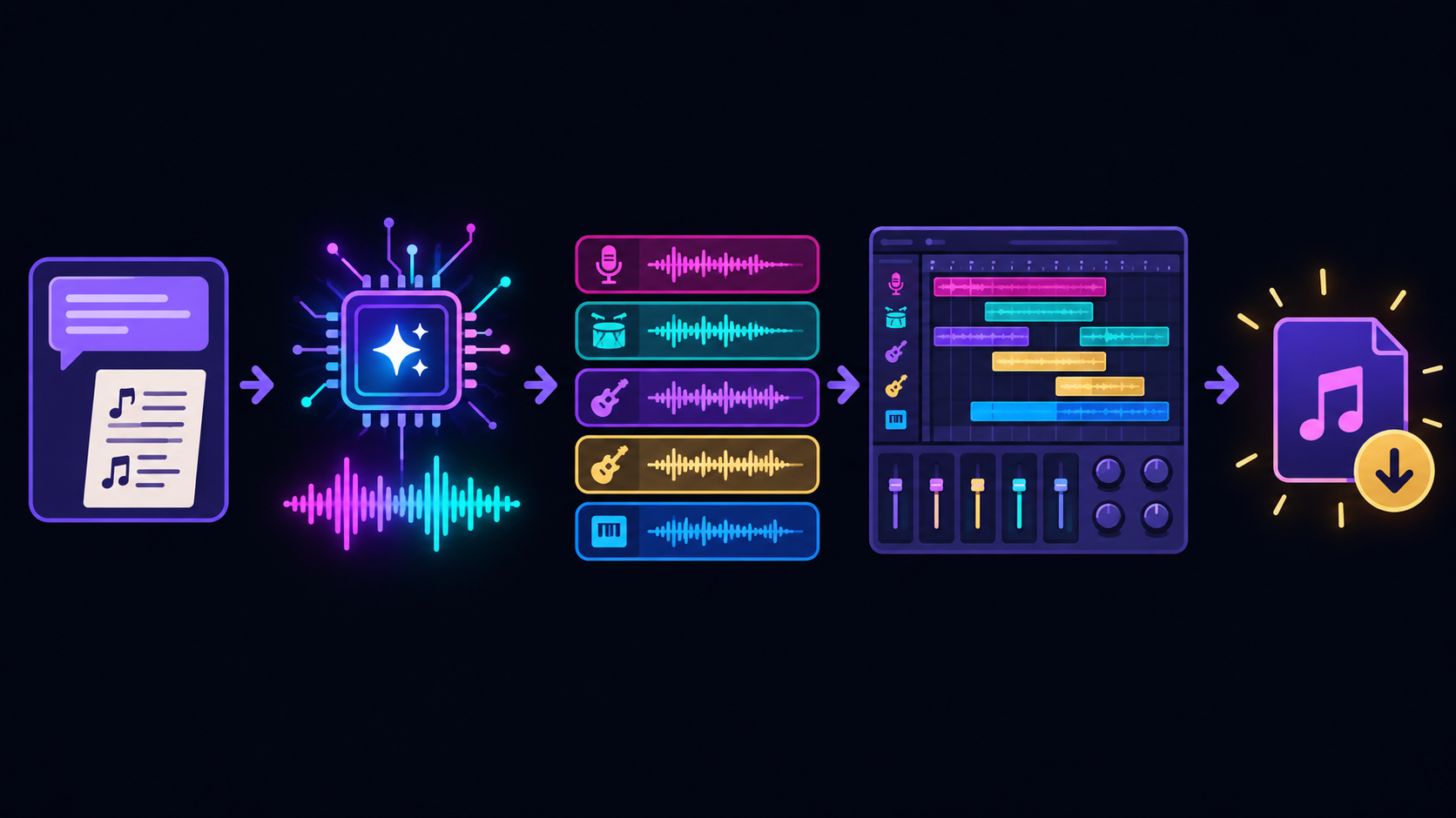 The pipeline: a prompt (and optional lyrics) → the local AI model generates a track → stems → arrange and mix in a free DAW → export.