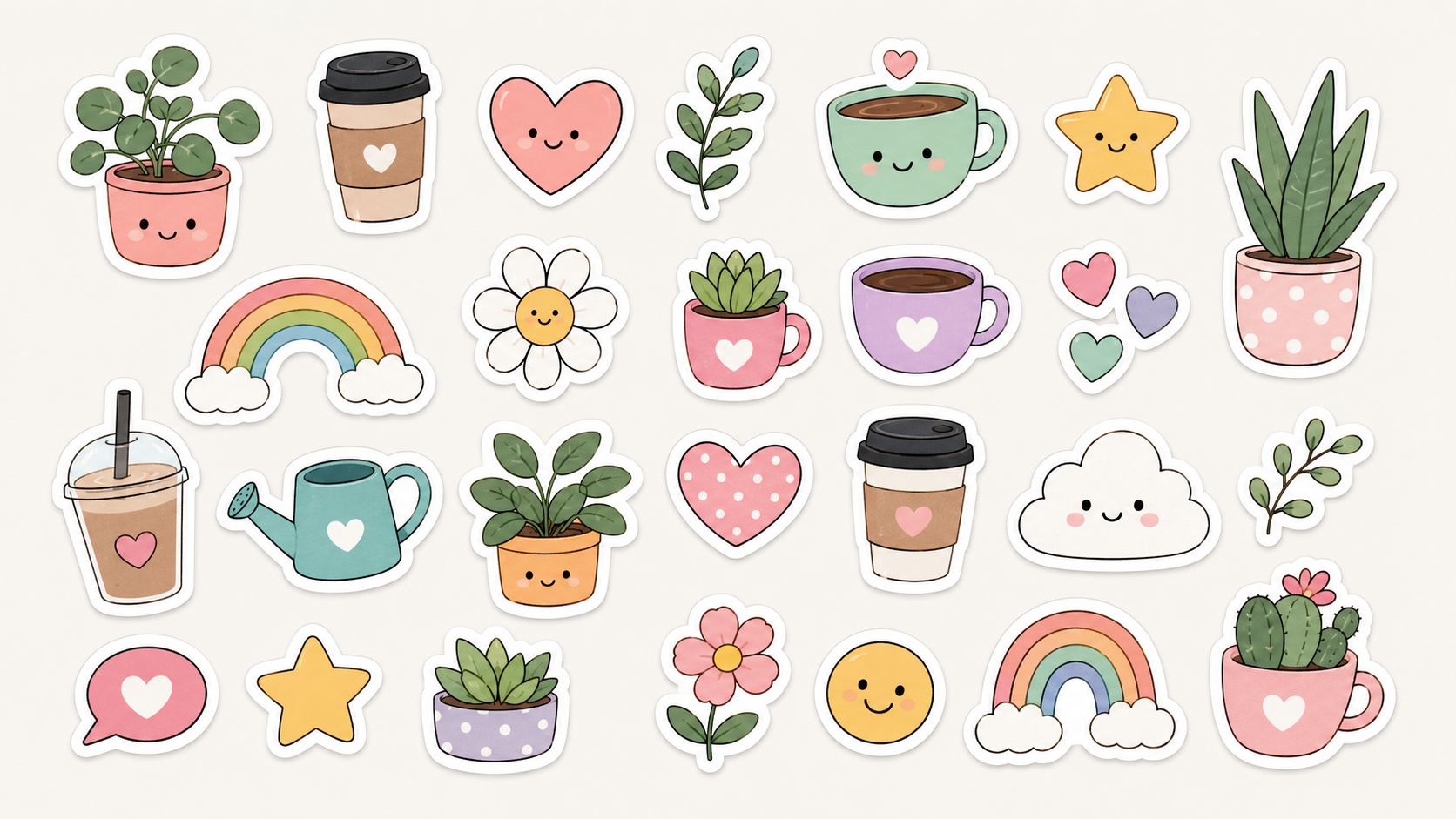 Example — a digital sticker pack: die-cut stickers on transparent backgrounds.