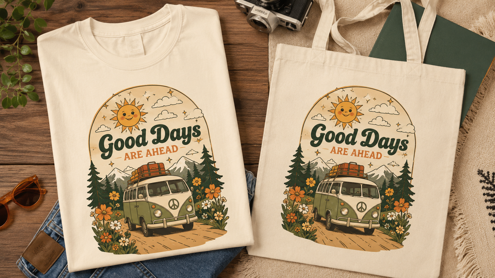 Example — a print-on-demand design on a t-shirt and tote.