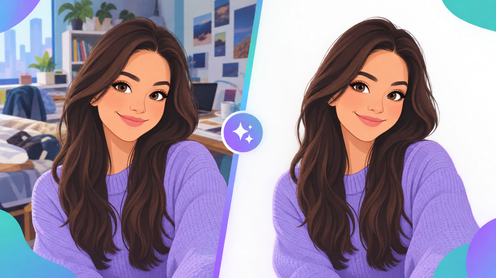 Before and after: AI background removal that runs on your device — the subject is cut cleanly onto a transparent background.