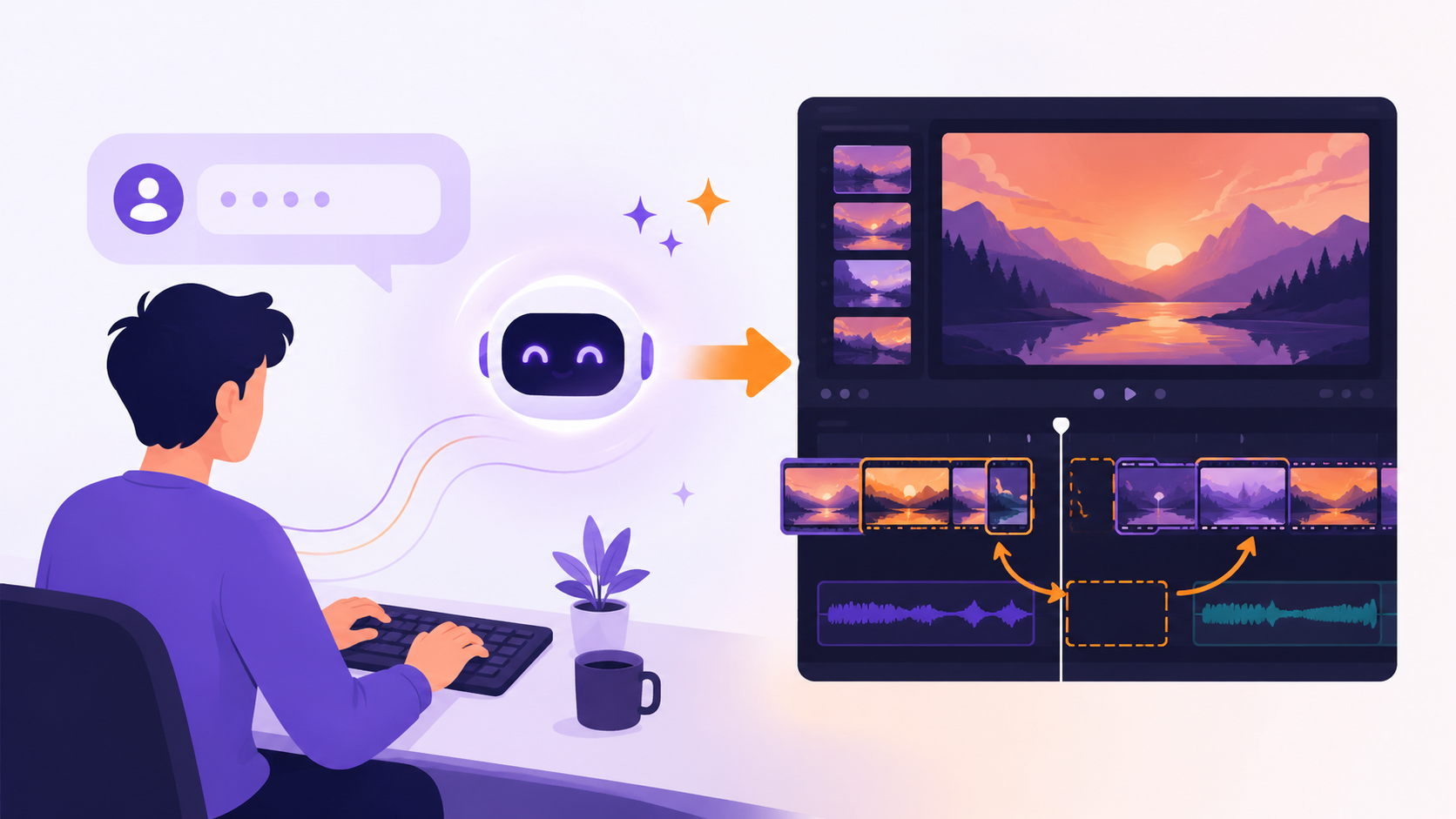 Edit by talking: tell the agent "trim the first clip to 8 seconds" and it performs the edit in the timeline.