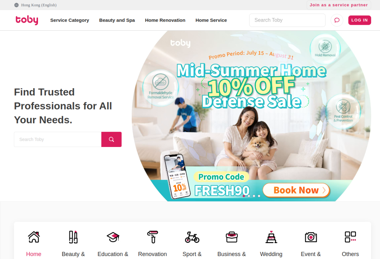 Toby (HelloToby) — Hong Kong's largest local-services marketplace, spanning home services through to digital work like web design and marketing.