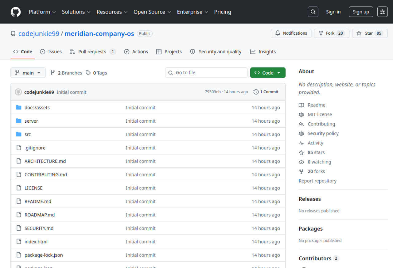 The MIT-licensed reference implementation on GitHub — codejunkie99/meridian-company-os — the build this guide is drawn from.