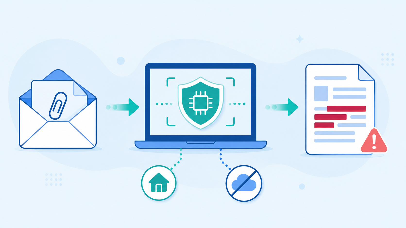 The flow: an email attachment is scanned by a local engine on your own machine, sensitive fields are redacted in a report, and nothing is ever sent to the cloud.