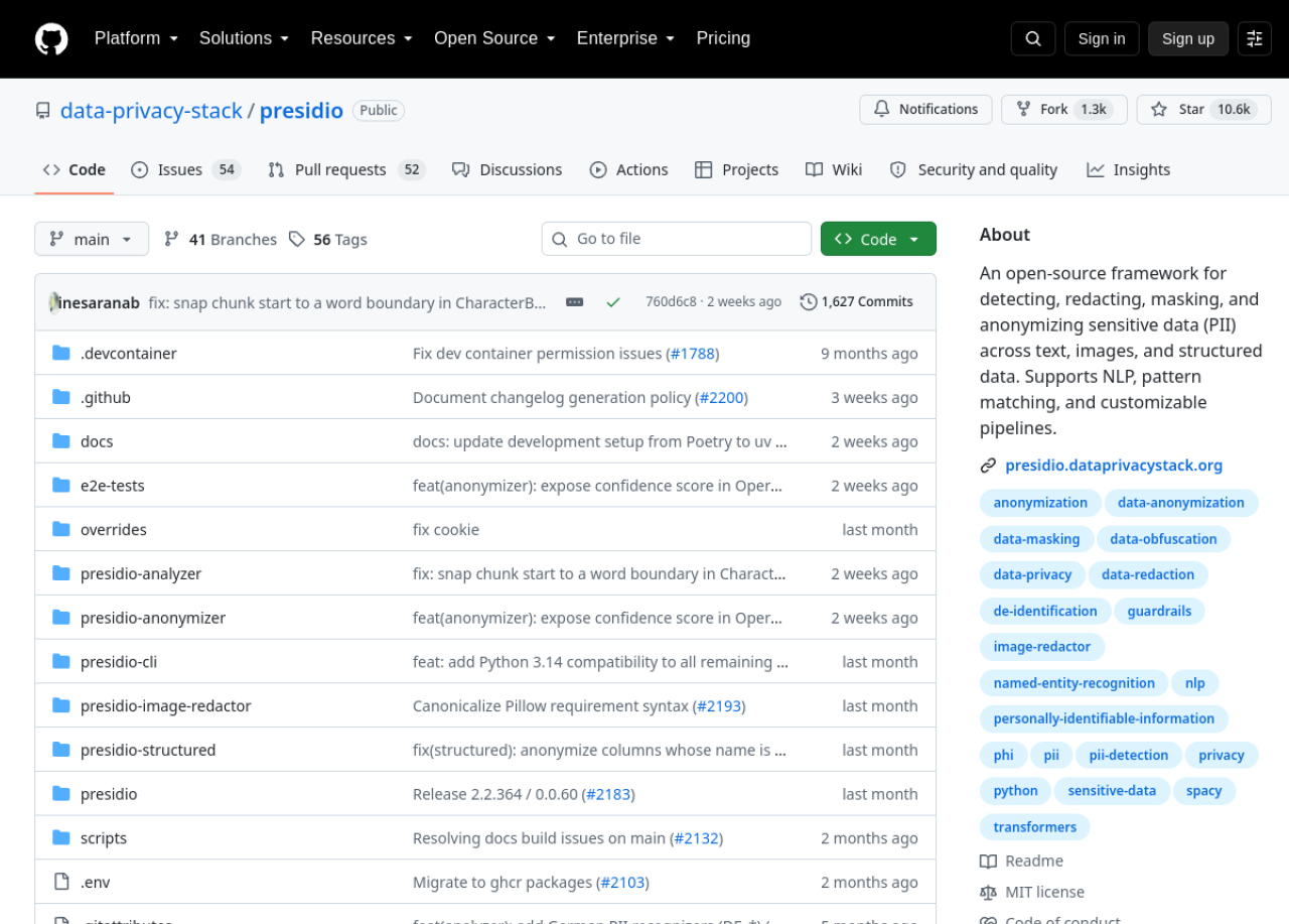 Presidio on GitHub — an open-source framework for detecting, redacting, and anonymizing sensitive data (PII), using NLP and pattern matching.