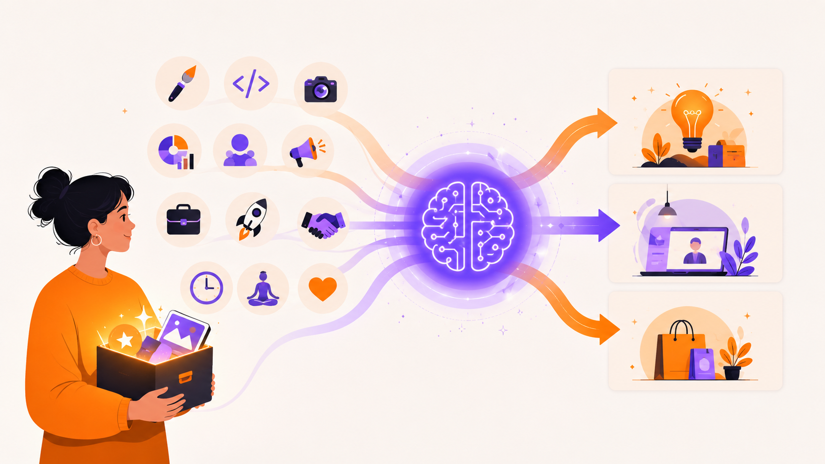 Start from your own assets — skills, experience, audience, time — not a blank 'give me ideas.'