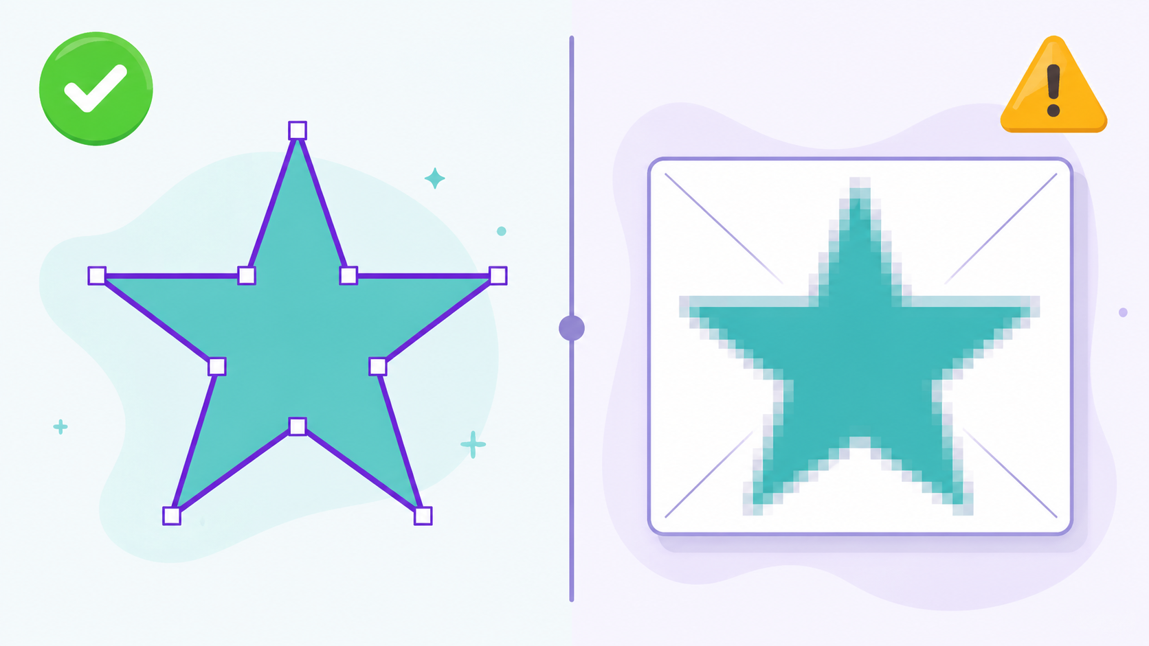 A real SVG is made of clean, editable vector paths (left, with anchor points); a "fake" SVG is just a blurry bitmap image stuffed inside an SVG wrapper (right).