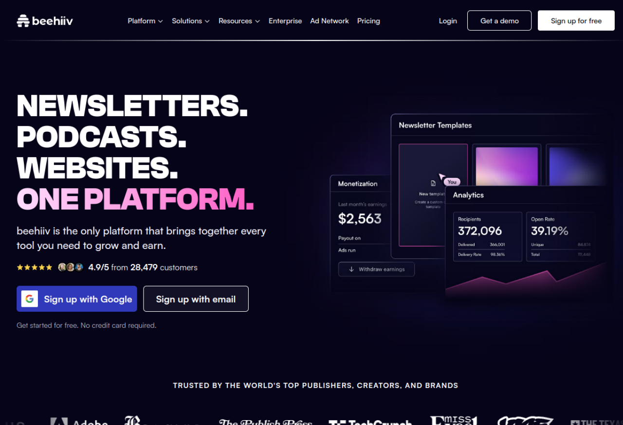 Beehiiv — a modern newsletter platform with AI writing, monetization, and referral tools.
