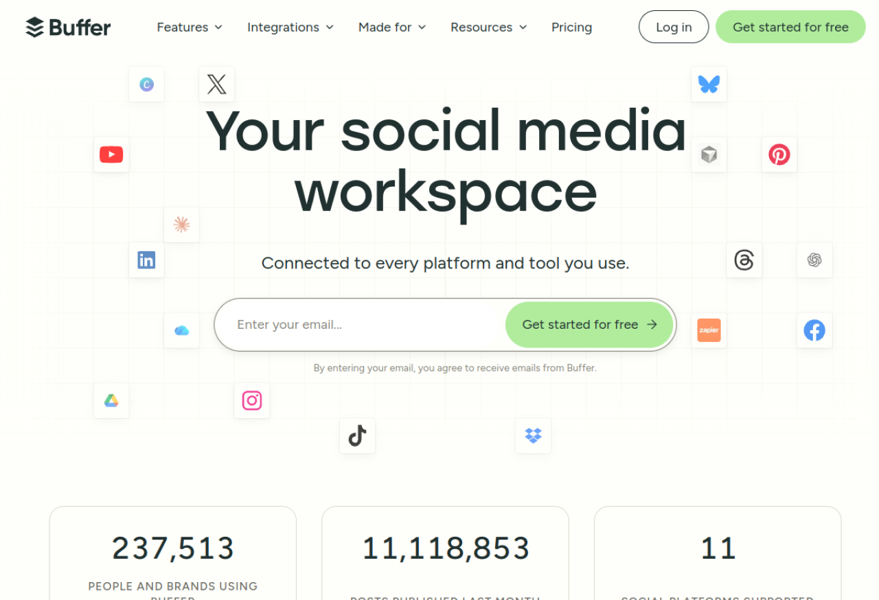 Buffer — a simple social workspace that reshapes one post for every platform.
