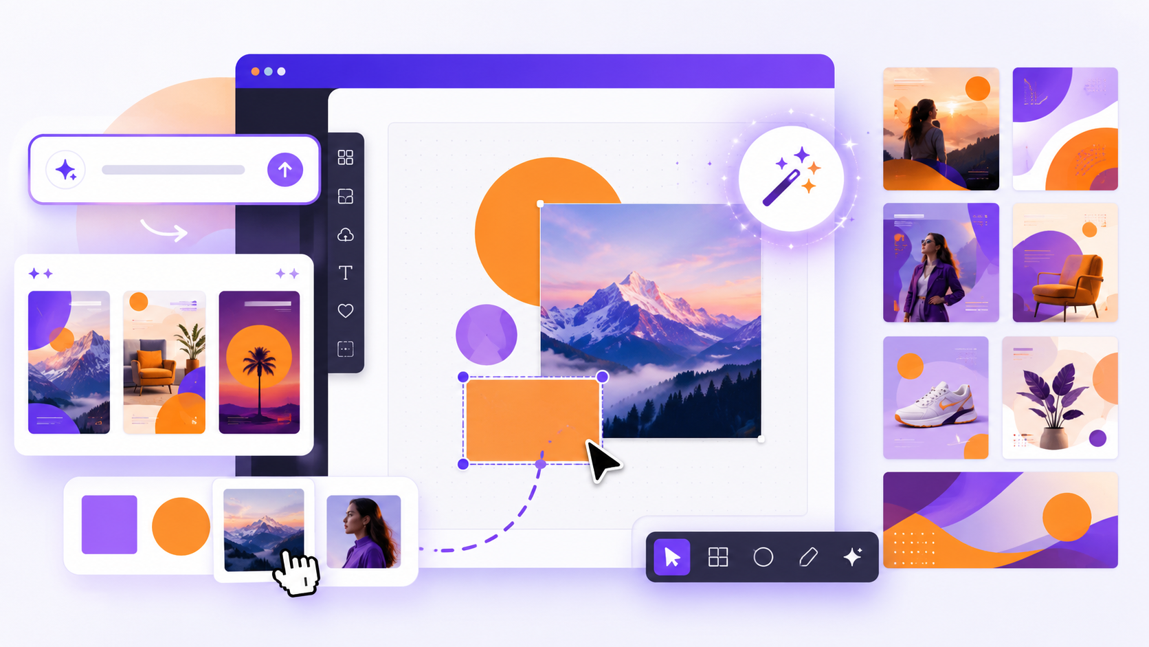 AI design tools like Canva turn a text prompt into finished social graphics and ads. (Illustration — Canva blocks automated screenshots.)