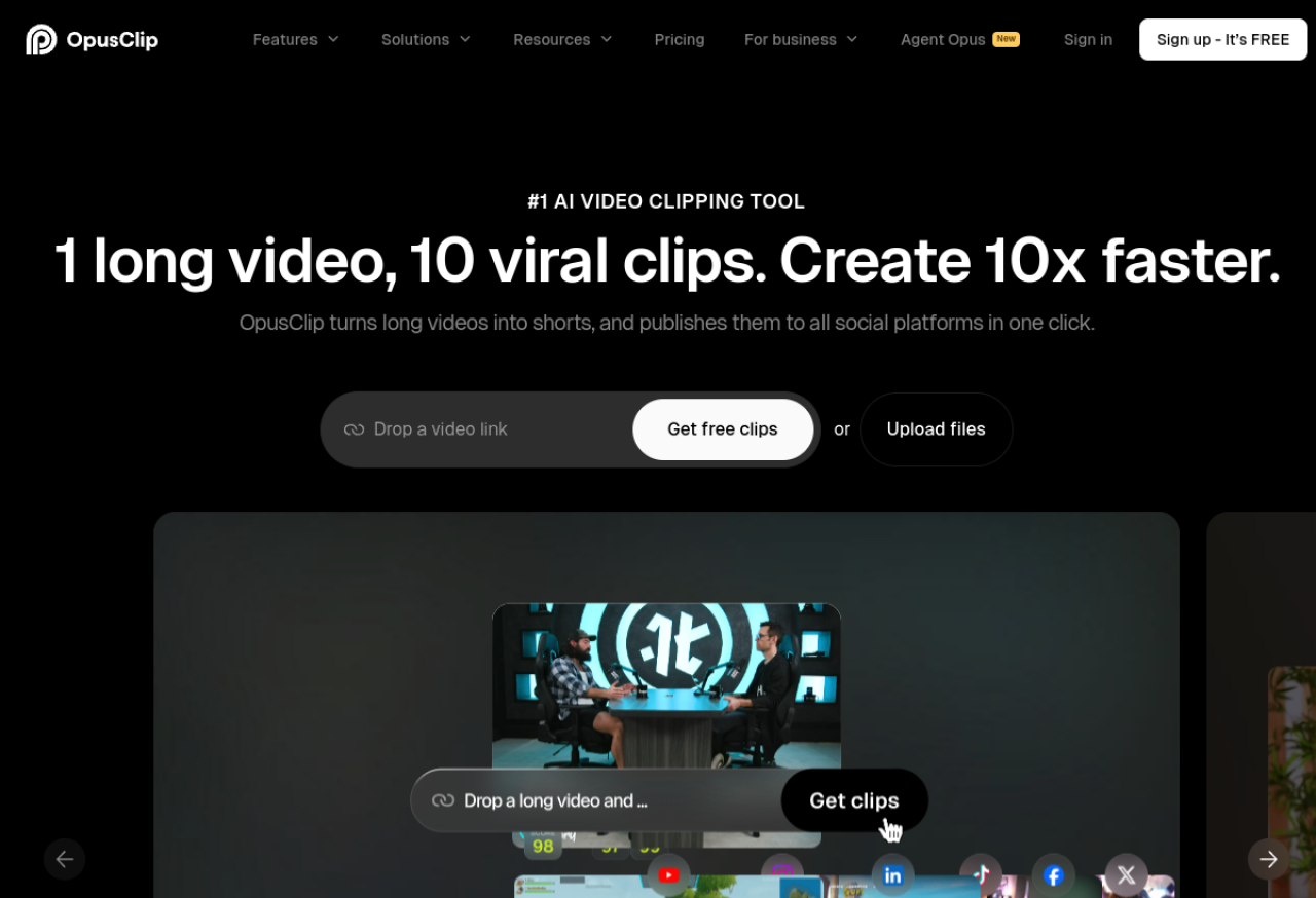 Opus Clip — turns one long video into a batch of short, captioned, ready-to-post clips.
