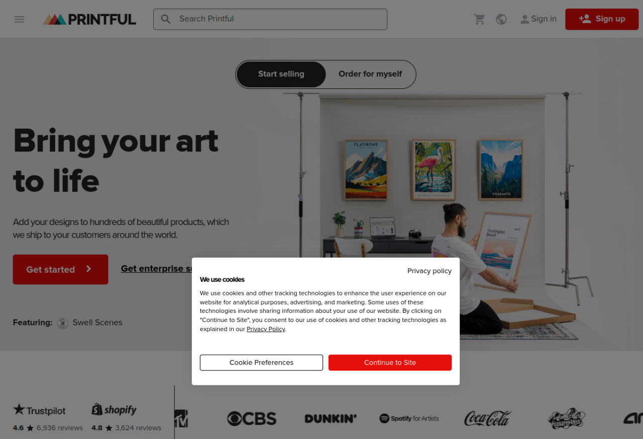 Printful turns your AI-generated designs into printed products and ships each order for you — no inventory to hold.