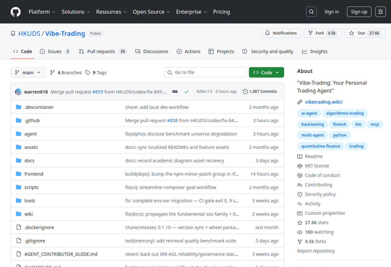 HKUDS/Vibe-Trading on GitHub — an MIT-licensed, multi-agent trading workspace (tags: ai-agent, backtesting, quantitative-finance).